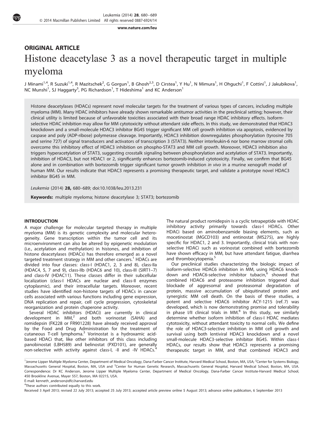 Histone Deacetylase 3 As a Novel Therapeutic Target in Multiple Myeloma