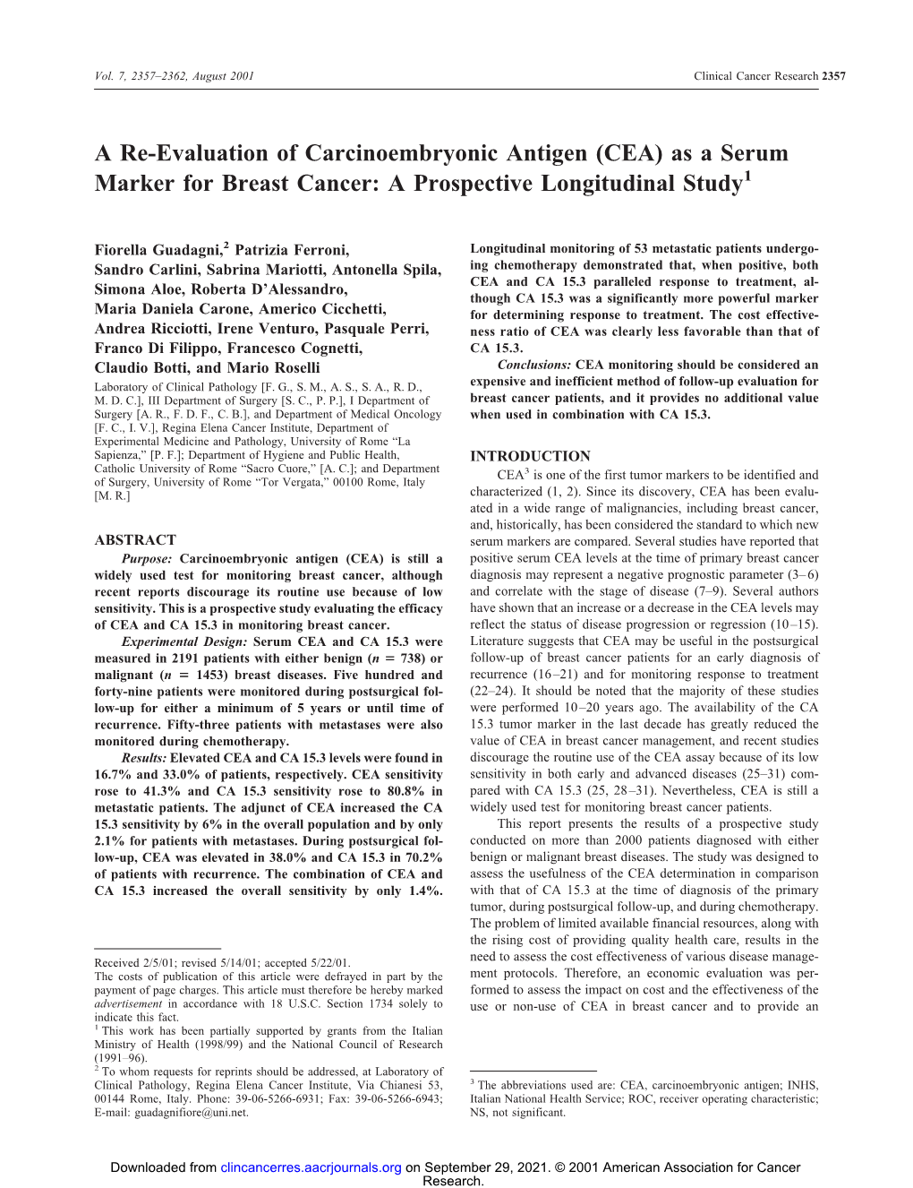 (CEA) As a Serum Marker for Breast Cancer: a Prospective Longitudinal Study1