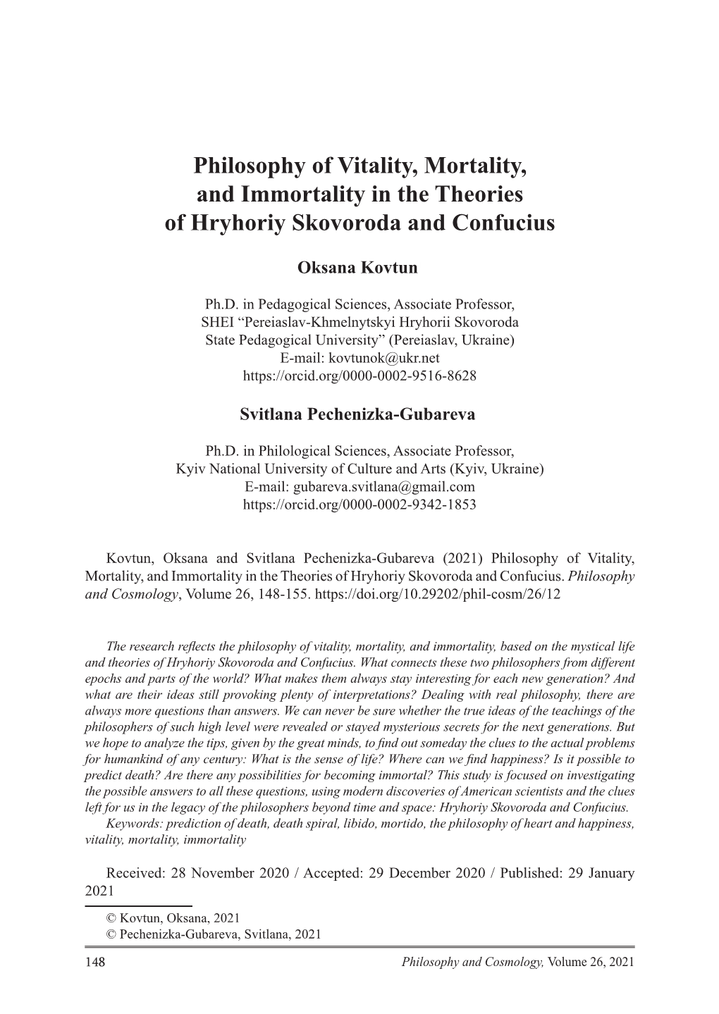 Philosophy of Vitality, Mortality, and Immortality in the Theories of Hryhoriy Skovoroda and Confucius