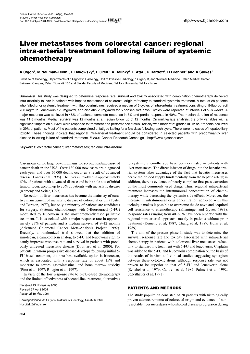 Liver Metastases from Colorectal Cancer: Regional Intra-Arterial Treatment Following Failure of Systemic Chemotherapy