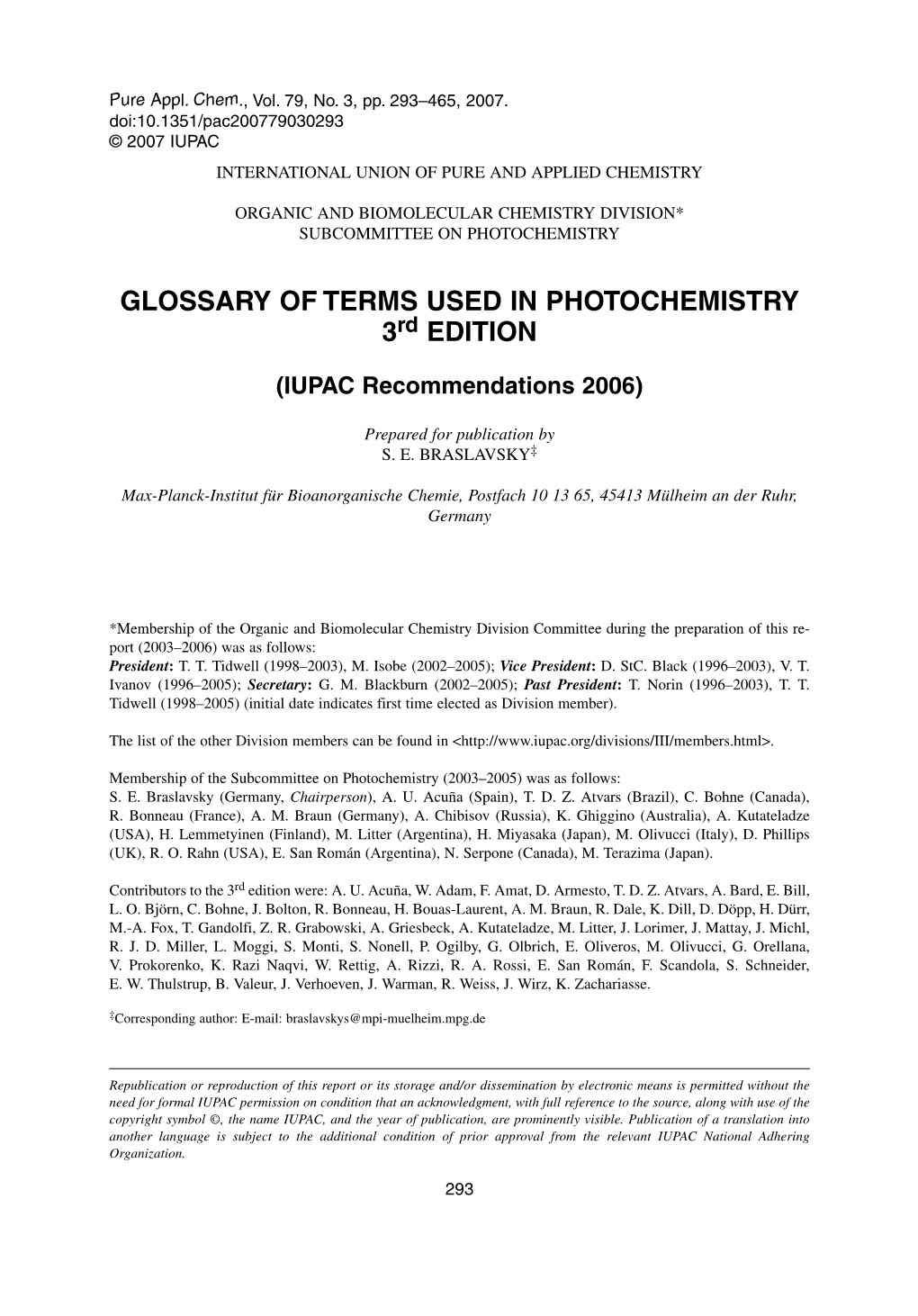 Glossary of Terms Used in Photochemistry, 3Rd Edition (IUPAC