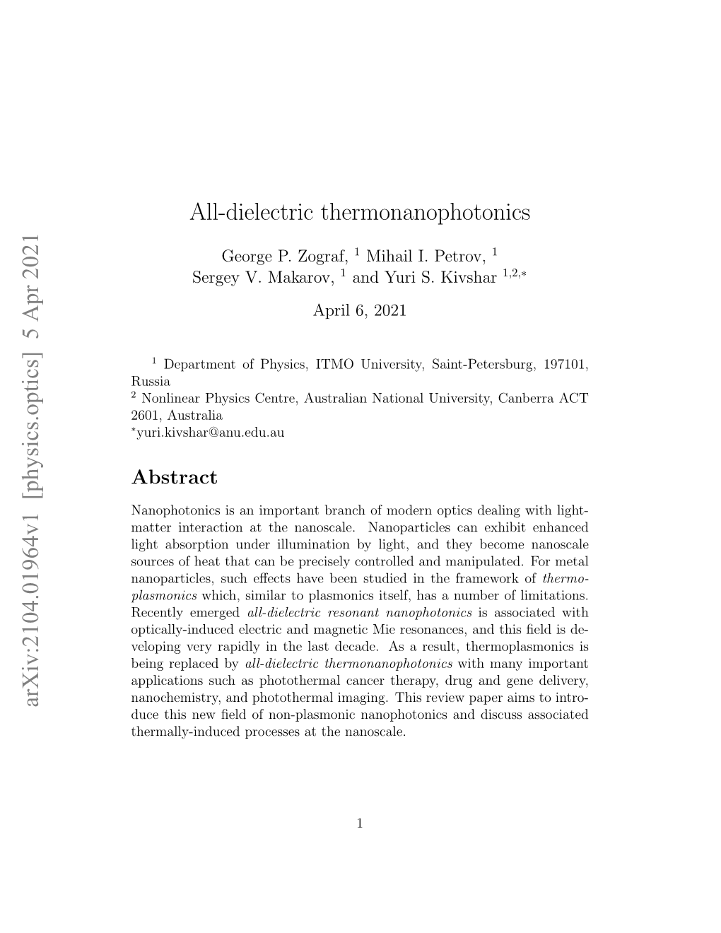 All-Dielectric Thermonanophotonics Arxiv:2104.01964V1 [Physics.Optics