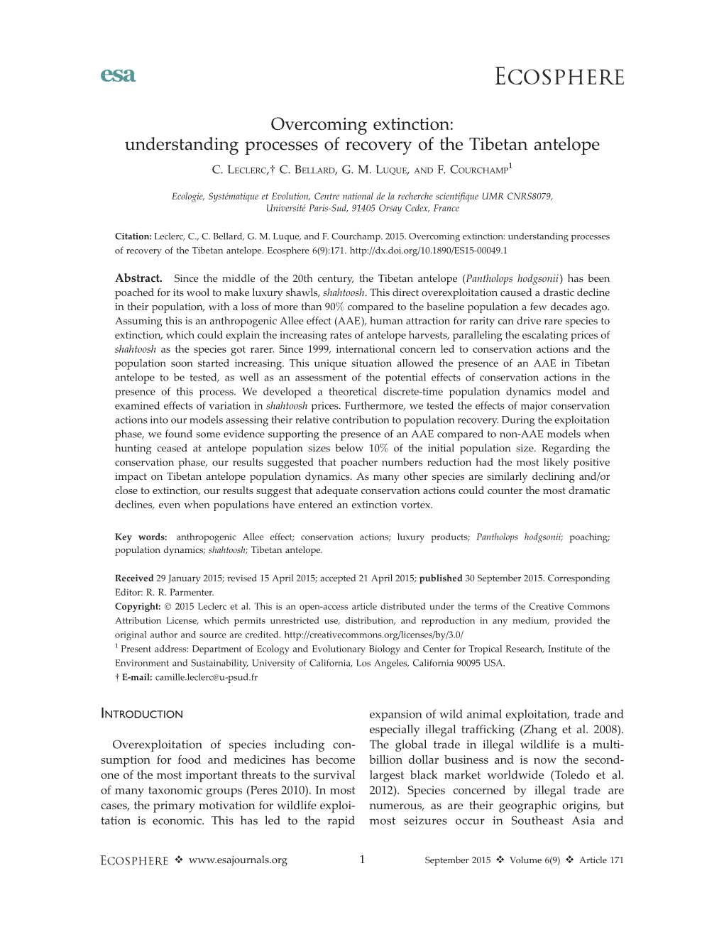 Understanding Processes of Recovery of the Tibetan Antelope 1 C