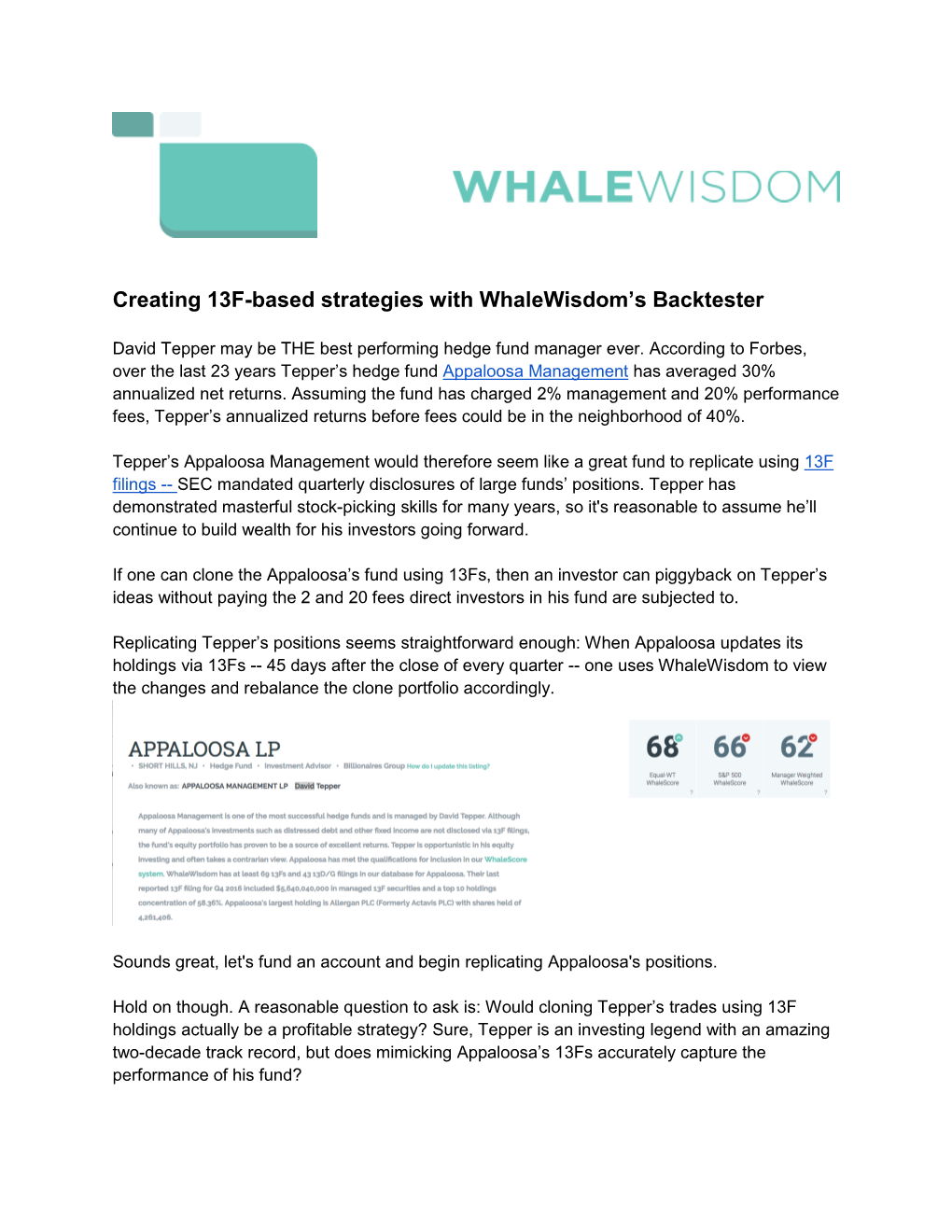 Creating 13F-Based Strategies with Whalewisdom's Backtester