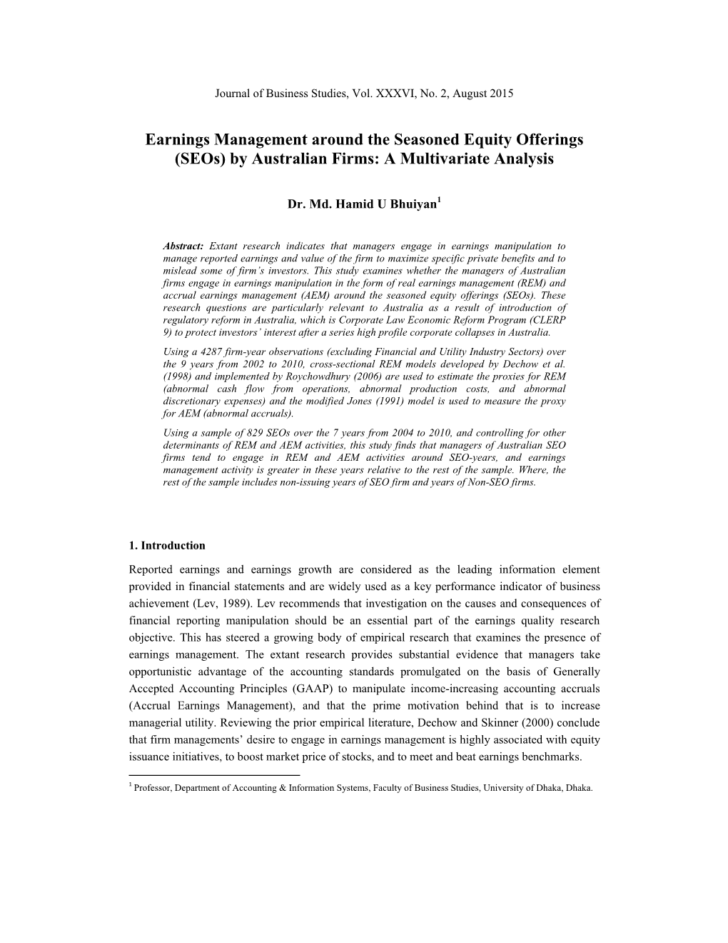 Earnings Management Around the Seasoned Equity Offerings (Seos) by Australian Firms: a Multivariate Analysis