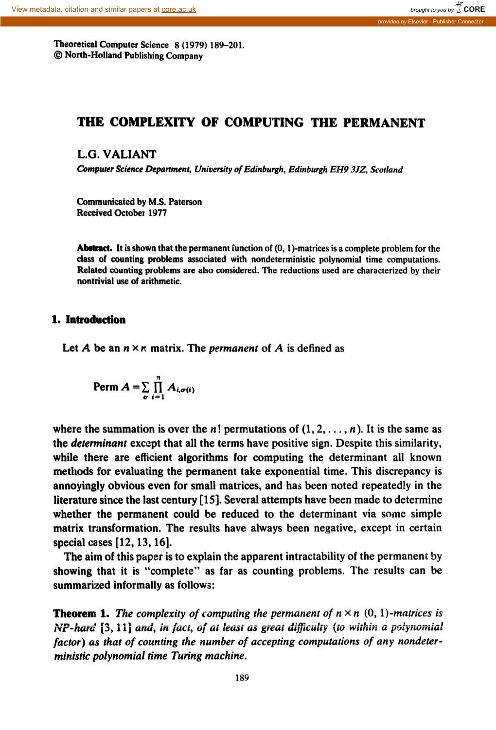 The Complexity of Computing the Permanent