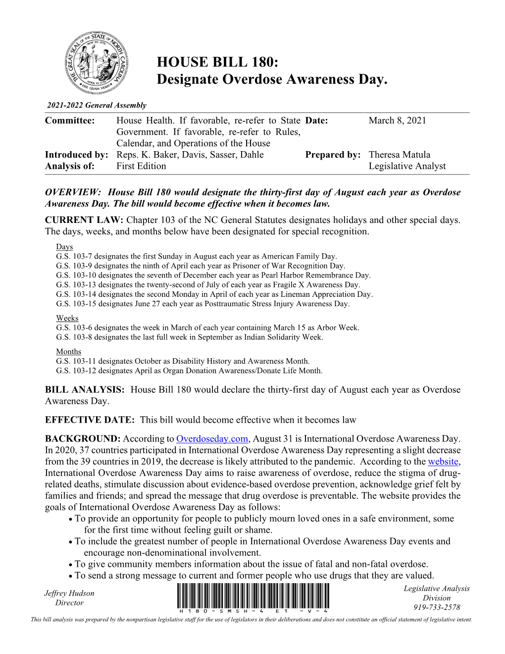 HOUSE BILL 180: Designate Overdose Awareness Day