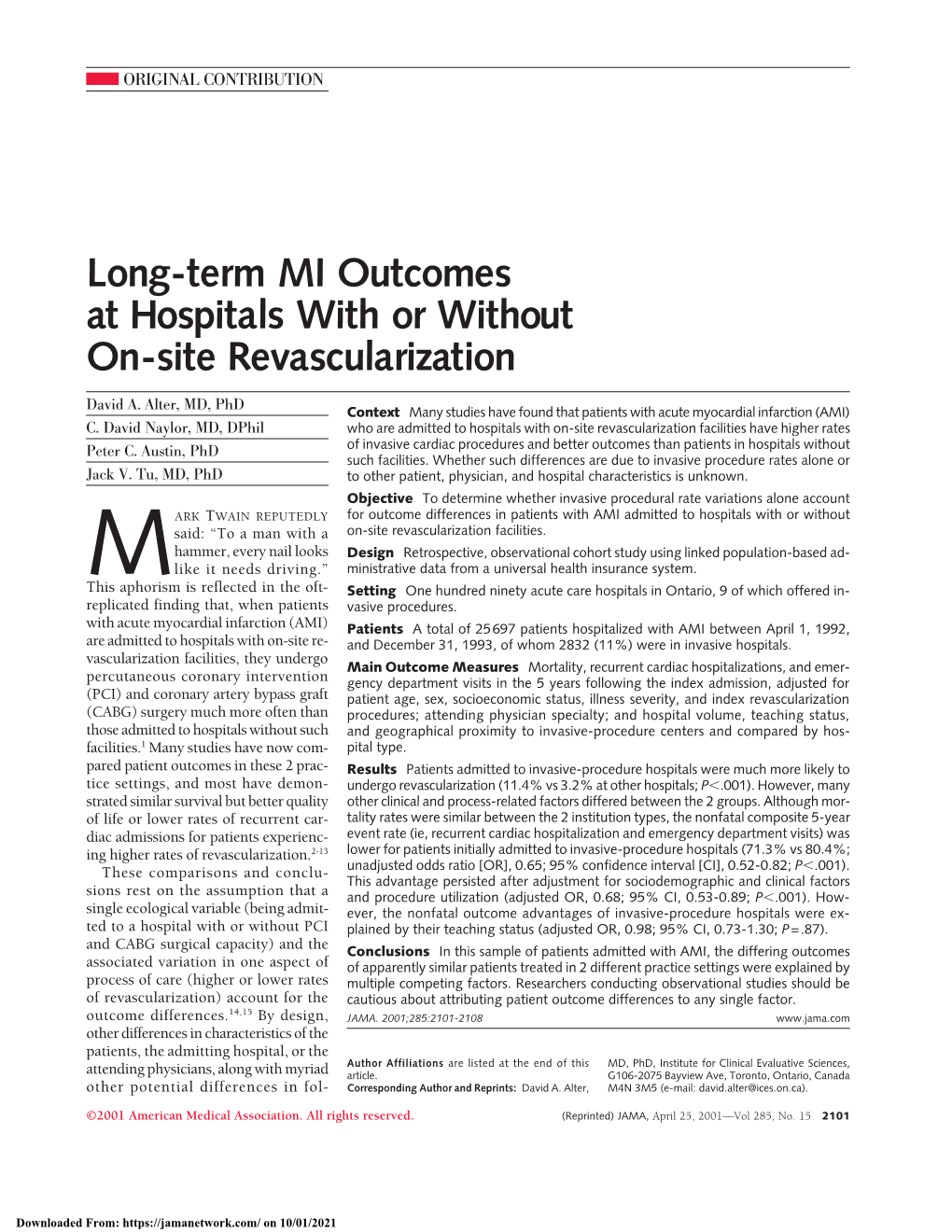 Long-Term MI Outcomes at Hospitals with Or Without On-Site Revascularization