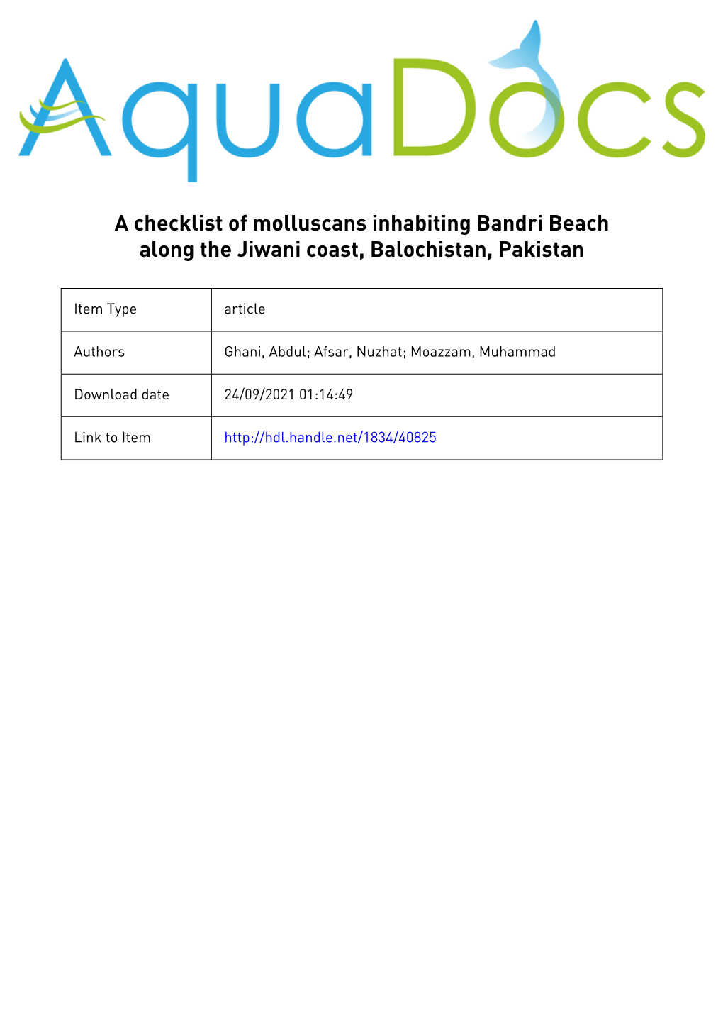 A Checklist of Molluscans Inhabiting Bandri Beach Along the Jiwani Coast, Balochistan, Pakistan