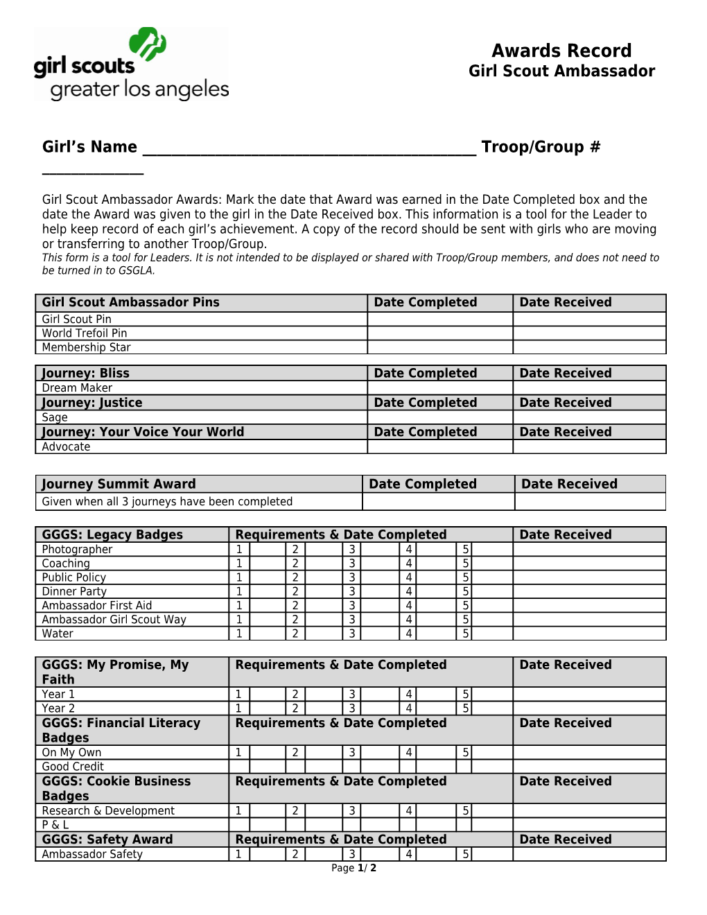 Girl Scout Brownie Award Record for _____ Troop