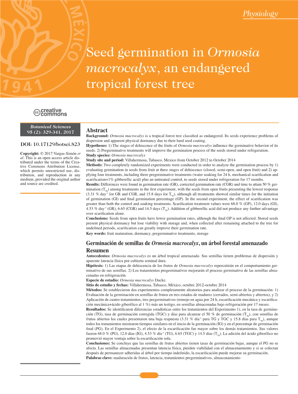 Abstract Germinación De Semillas De Ormosia Macrocalyx, Un Árbol