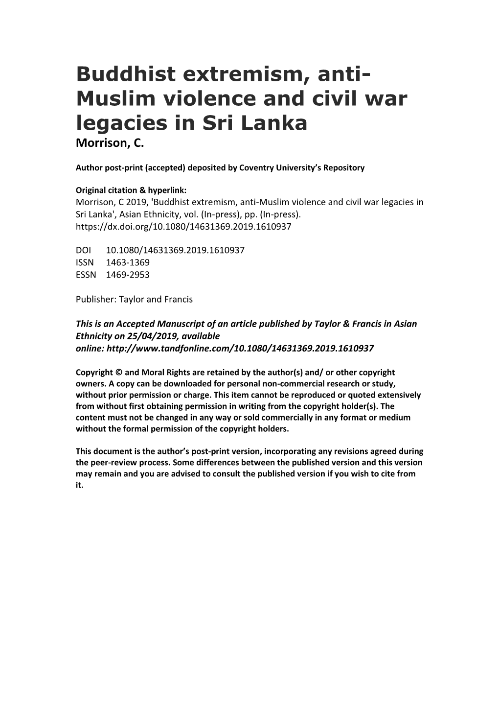 Buddhist Extremism, Anti- Muslim Violence and Civil War Legacies in Sri Lanka Morrison, C