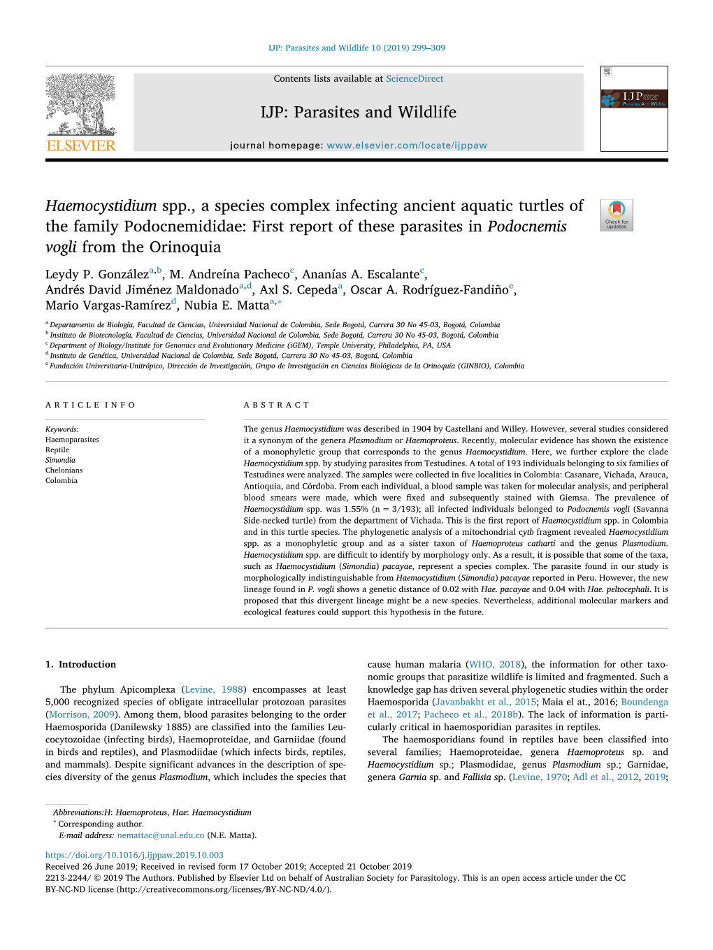 Haemocystidium Spp., a Species Complex Infecting Ancient Aquatic Turtles of the Family Podocnemididae First Report of These