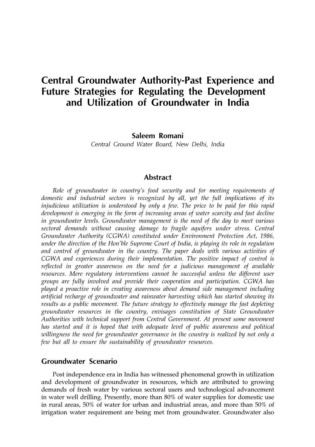 Central Groundwater Authority-Past Experience and Future Strategies for Regulating the Development and Utilization of Groundwater in India