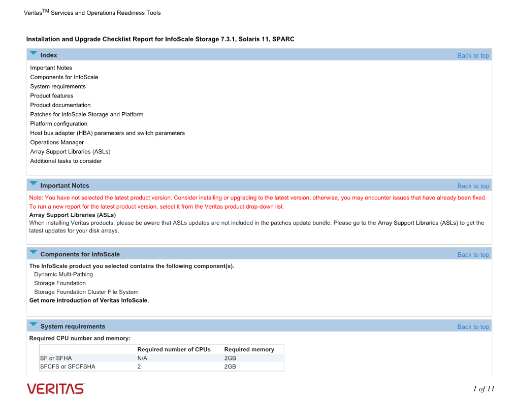 Installation and Upgrade General Checklist Report