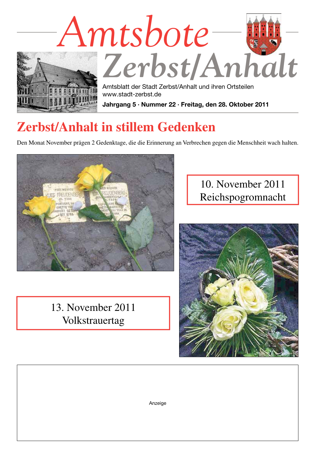 Amtsbote Zerbst/Anhalt Amtsblatt Der Stadt Zerbst/Anhalt Und Ihren Ortsteilen Jahrgang 5 · Nummer 22 · Freitag, Den 28
