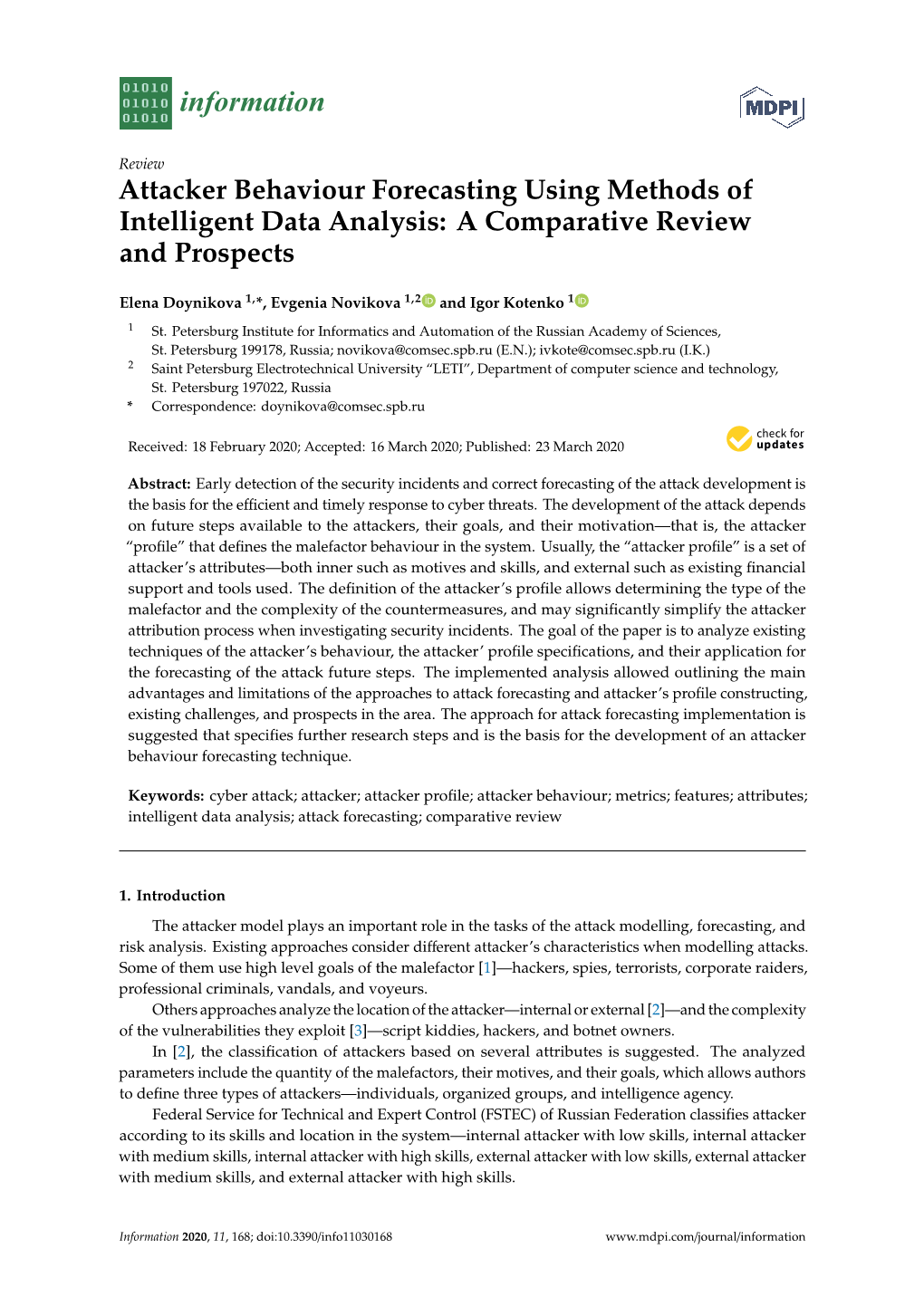Attacker Behaviour Forecasting Using Methods of Intelligent Data Analysis: a Comparative Review and Prospects