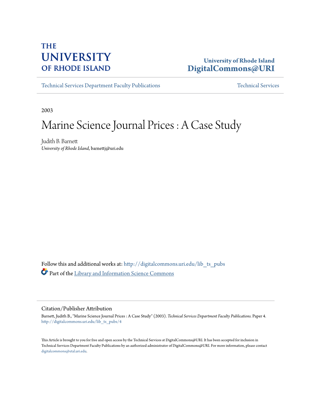 Marine Science Journal Prices : a Case Study Judith B