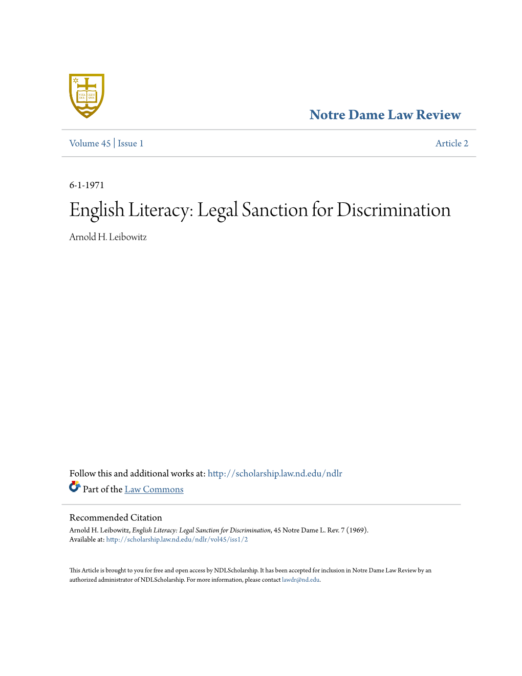 English Literacy: Legal Sanction for Discrimination Arnold H