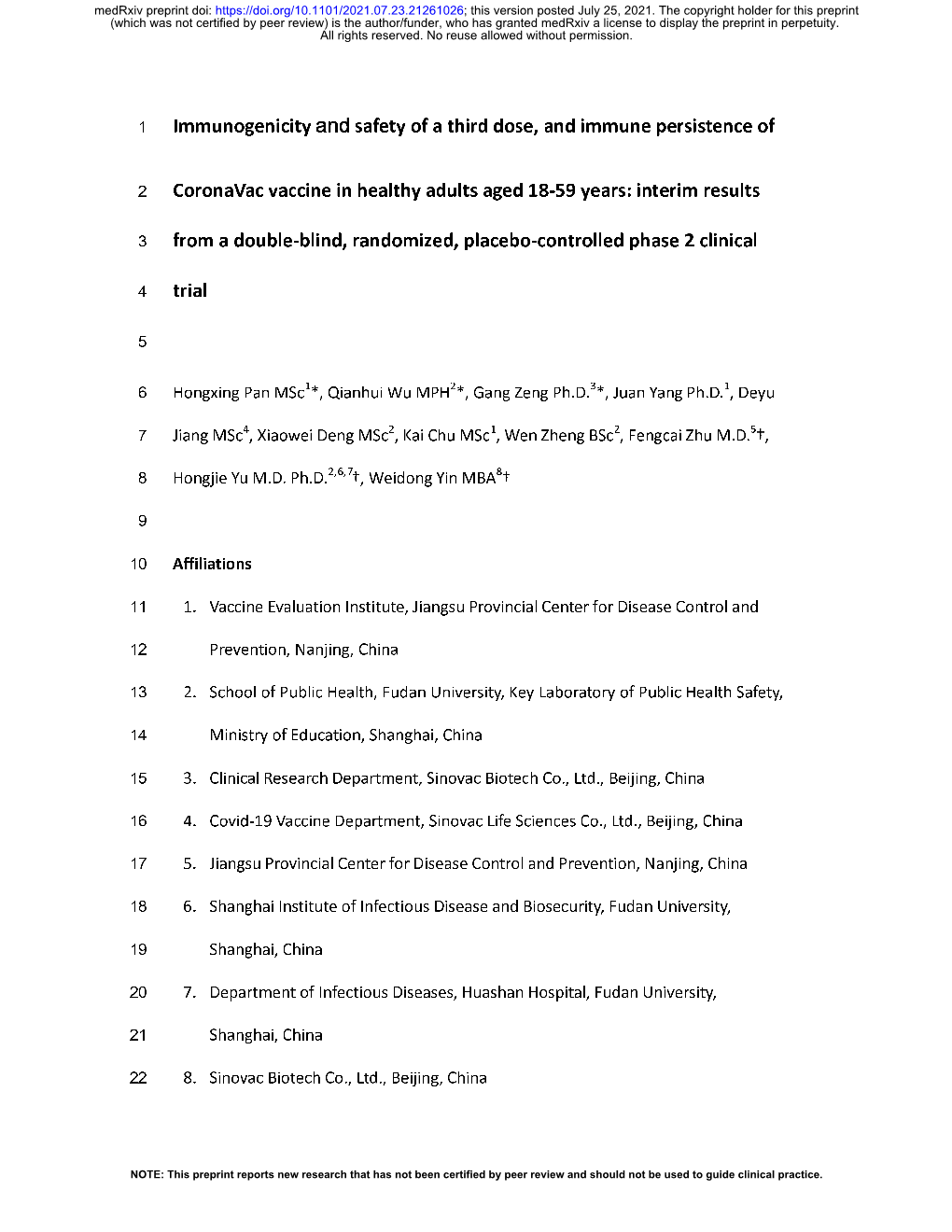 Immunogenicity and Safety of a Third Dose, and Immune Persistence Of