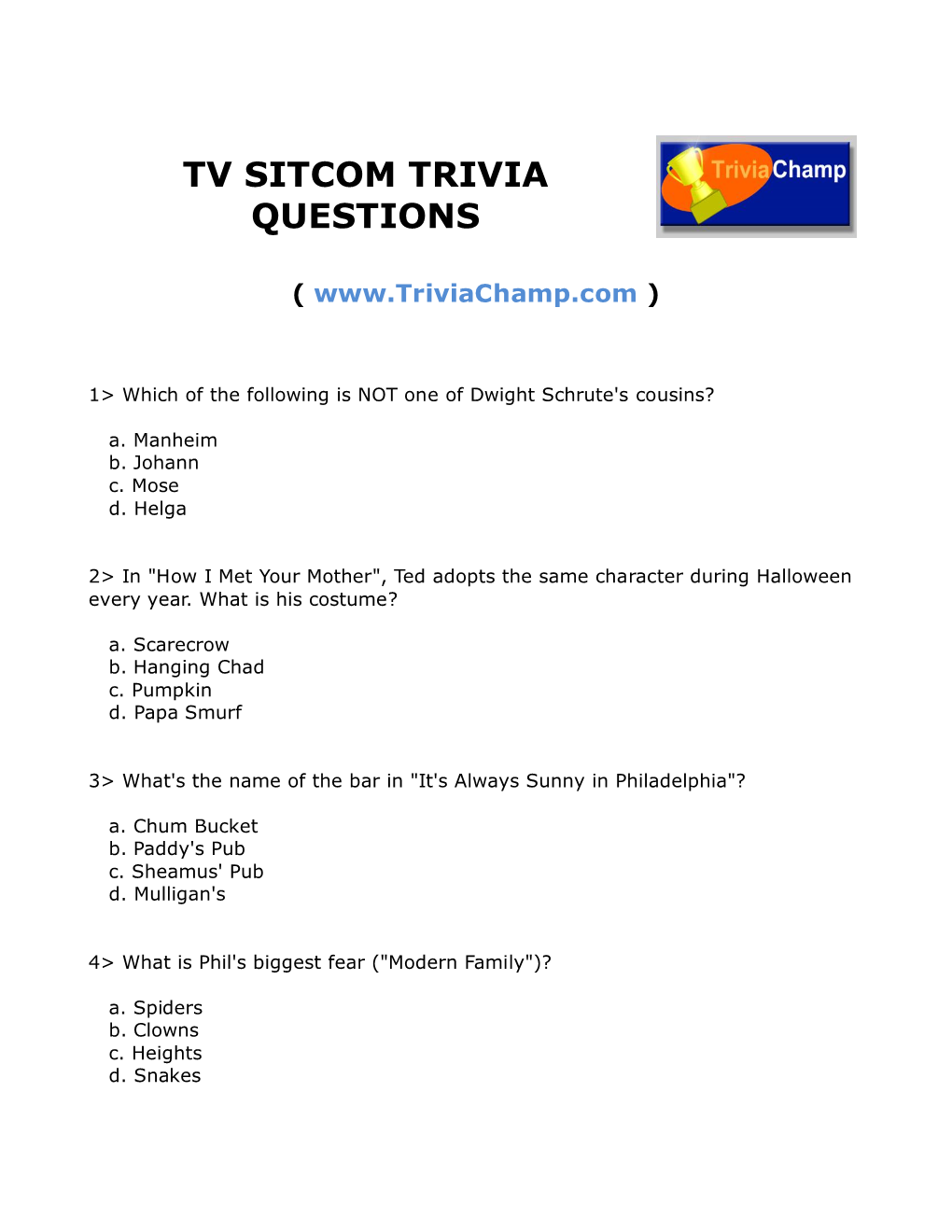 Tv Sitcom Trivia Questions