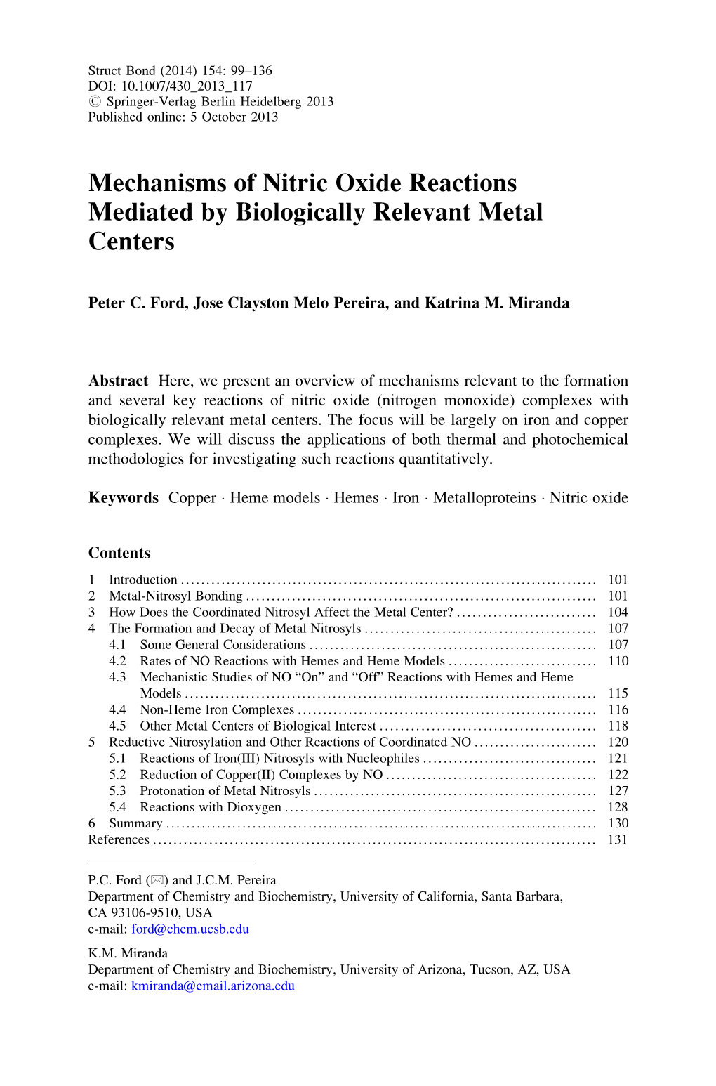 Mechanisms of Nitric Oxide Reactions Mediated by Biologically Relevant Metal Centers