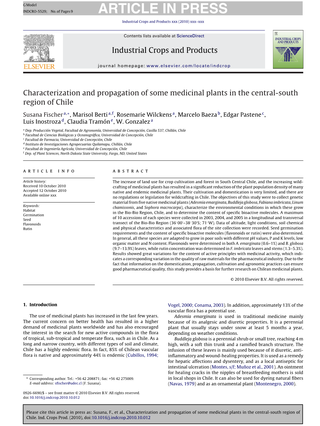 Characterization and Propagation of Some Medicinal Plants in the Central-South Region of Chile