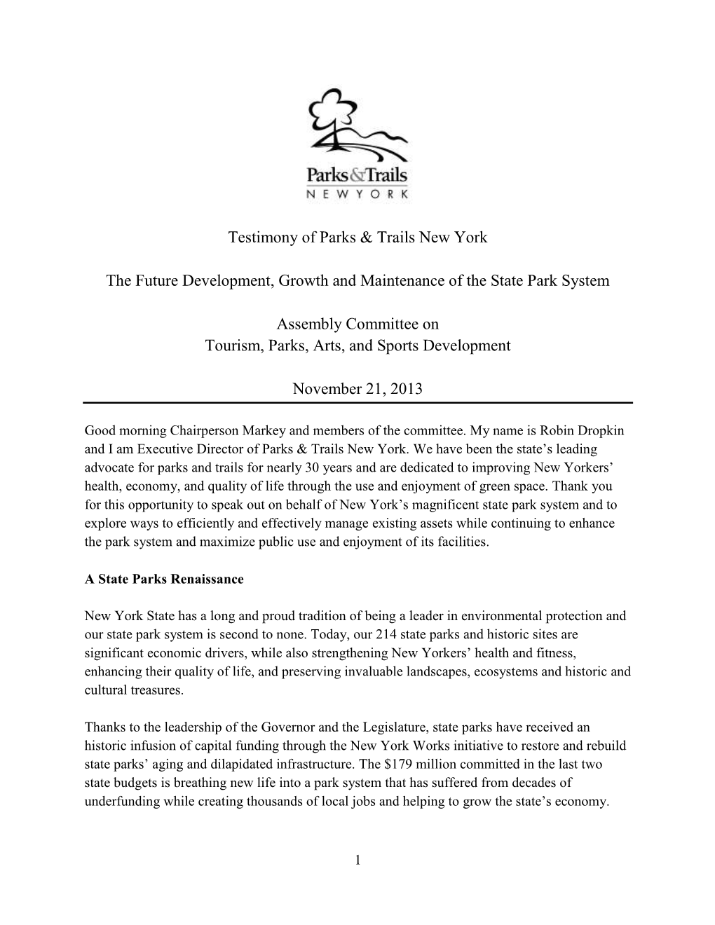 Testimony of Parks & Trails New York the Future Development, Growth