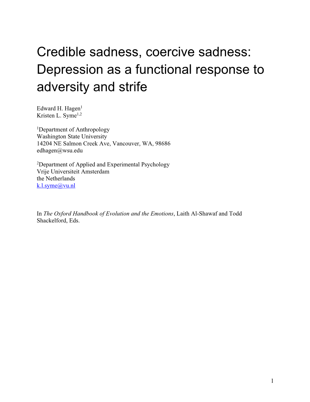 Depression As a Functional Response to Adversity and Strife