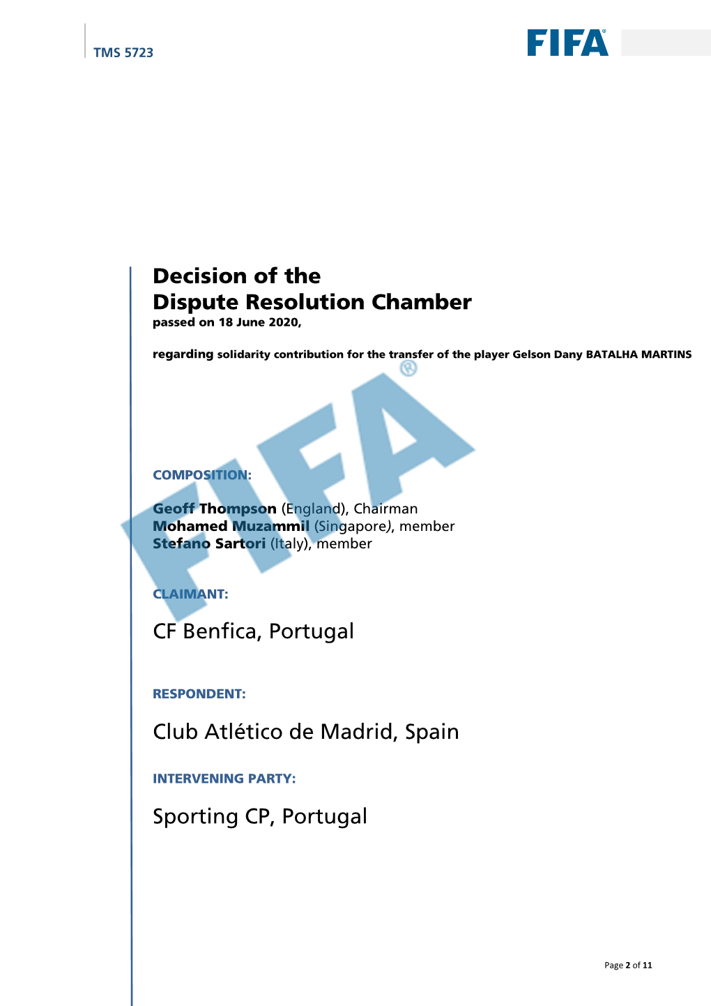 Decision of the Dispute Resolution Chamber CF Benfica, Portugal Club