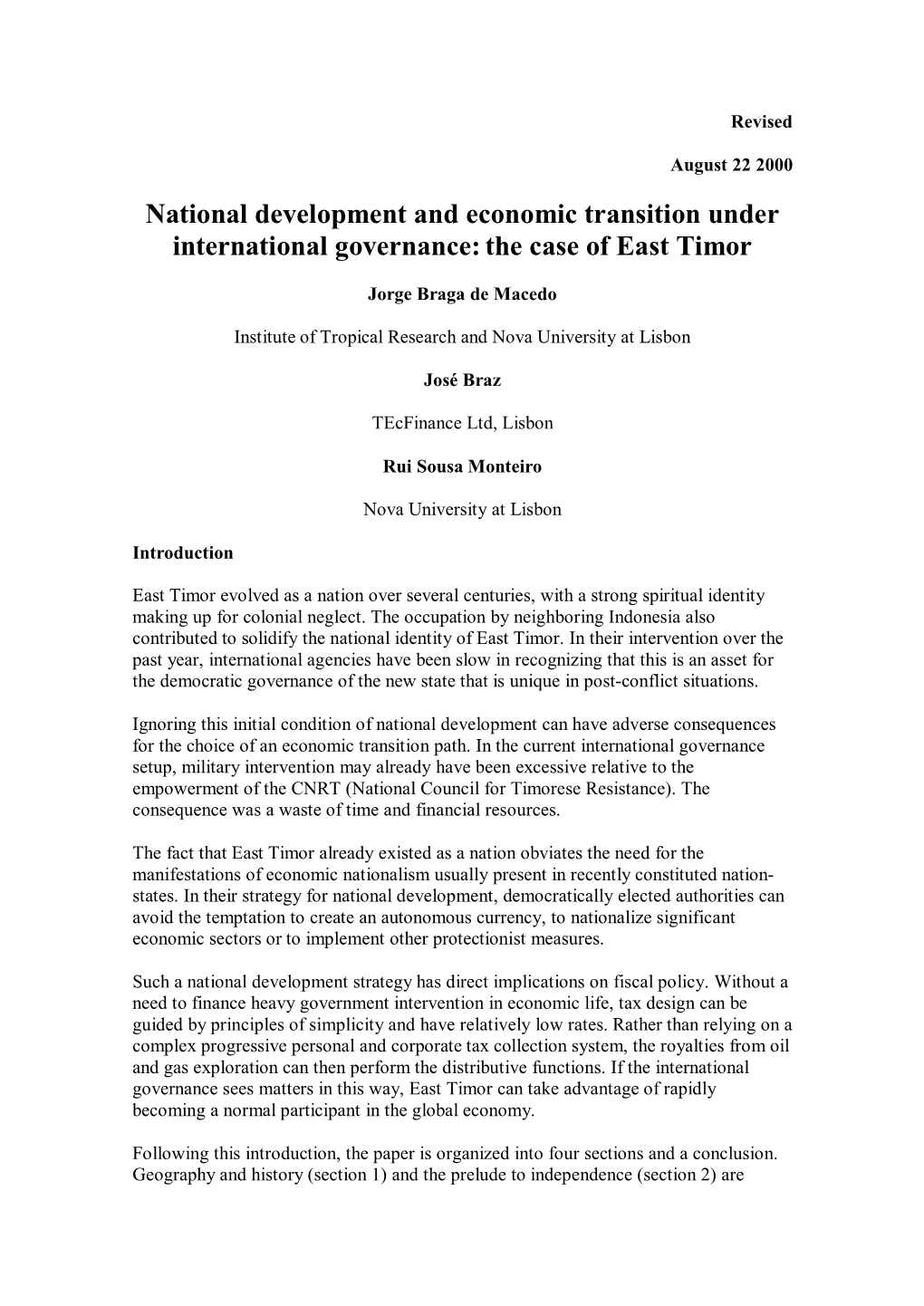 National Development and Economic Transition Under International Governance: the Case of East Timor