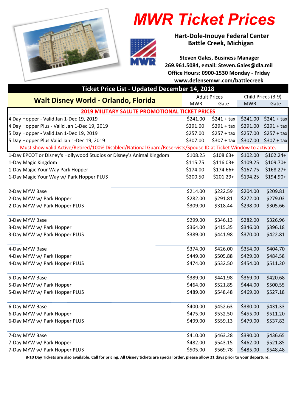 MWR Ticket Prices Hart-Dole-Inouye Federal Center Battle Creek, Michigan