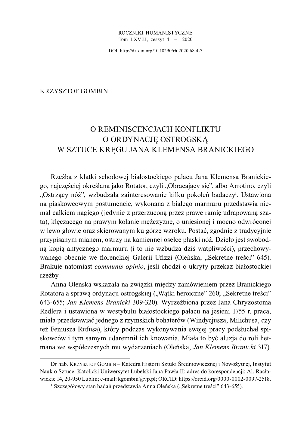 O Reminiscencjach Konfliktu O Ordynację Ostrogską W Sztuce Kręgu Jana Klemensa Branickiego