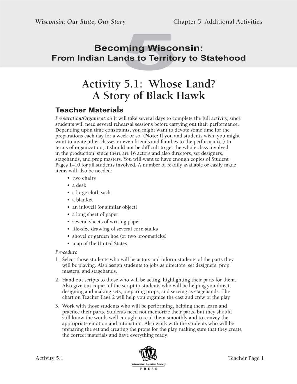 Activity 5.1: Whose Land? a Store of Black Hawk for Wisconsin: Our