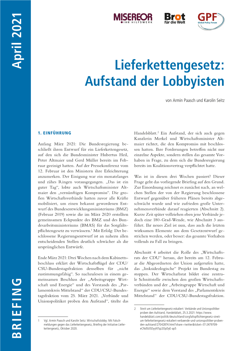 Aufstand Der Lobbyisten Der Aufstand 1 Mit Erfolg: Der Be Der Erfolg: Mit Lieferkettengesetz: ­ ------Handelsblatt