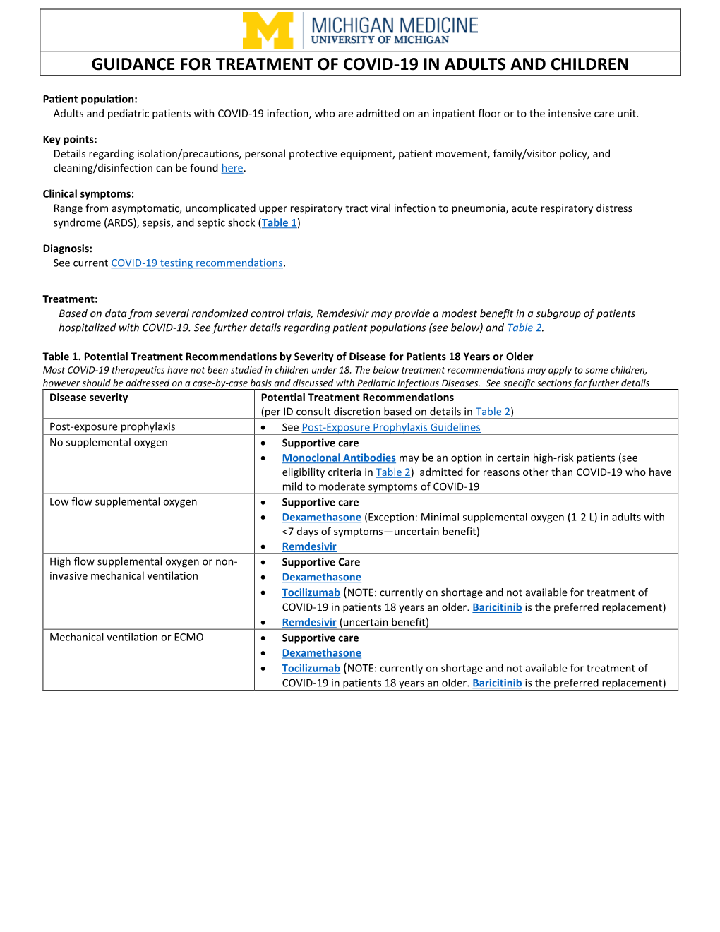 Guidance for Treatment of Covid-19 in Adults and Children