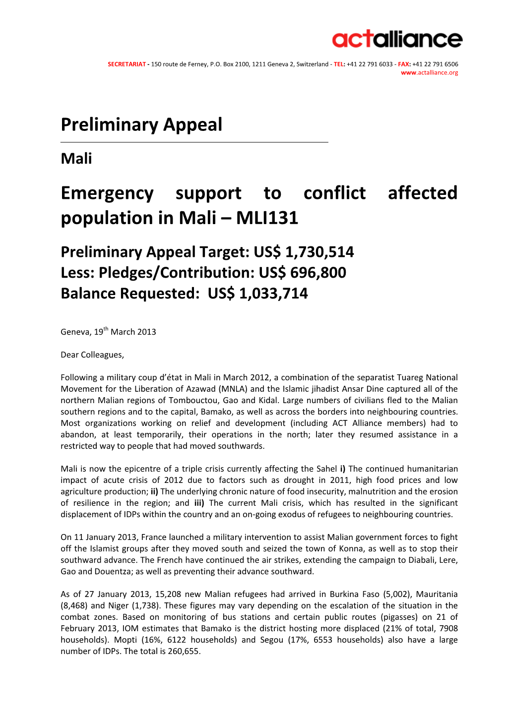 Preliminary Appeal Mali Emergency Support to Conflict