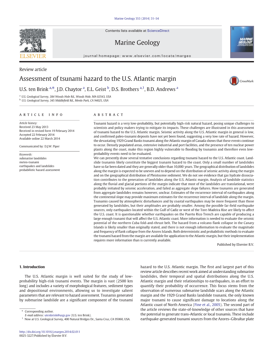 Assessment of Tsunami Hazard to the U.S. Atlantic Margin