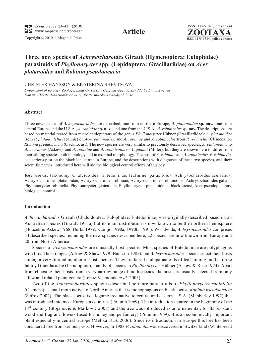 Zootaxa, Three New Species of Achrysocharoides Girault