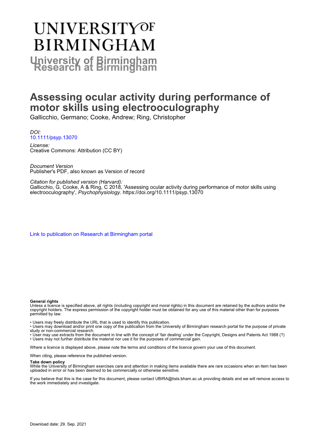 Assessing Ocular Activity During Performance of Motor Skills Using Electrooculography Gallicchio, Germano; Cooke, Andrew; Ring, Christopher