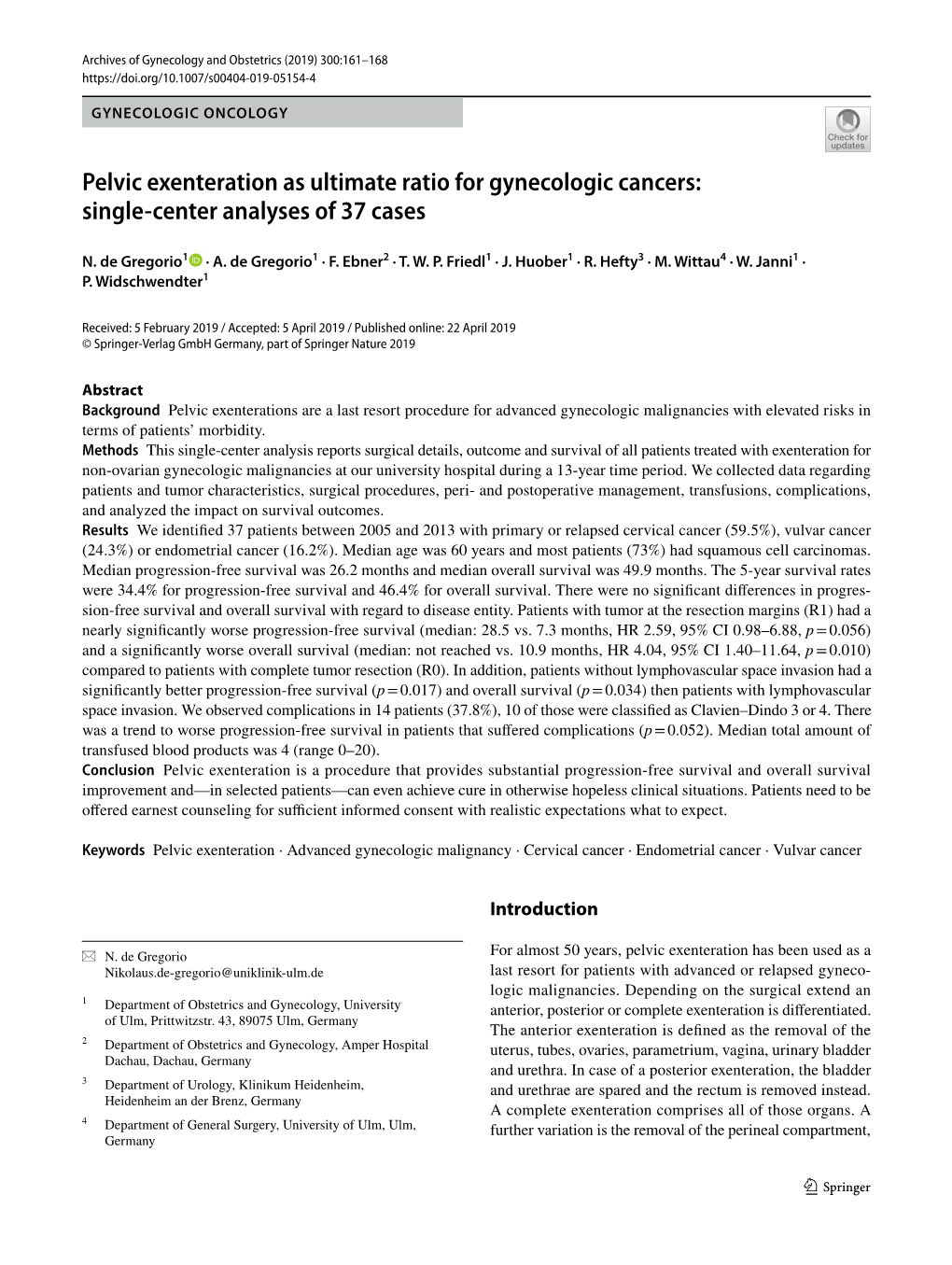 Pelvic Exenteration As Ultimate Ratio for Gynecologic Cancers: Single‑Center Analyses of 37 Cases