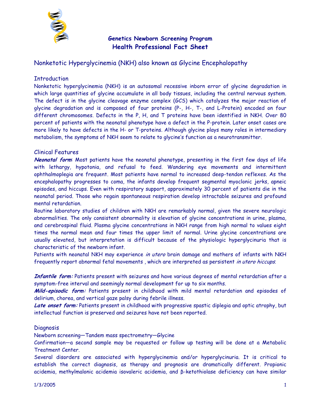 Genetics Newborn Screening Program Health Professional Fact Sheet