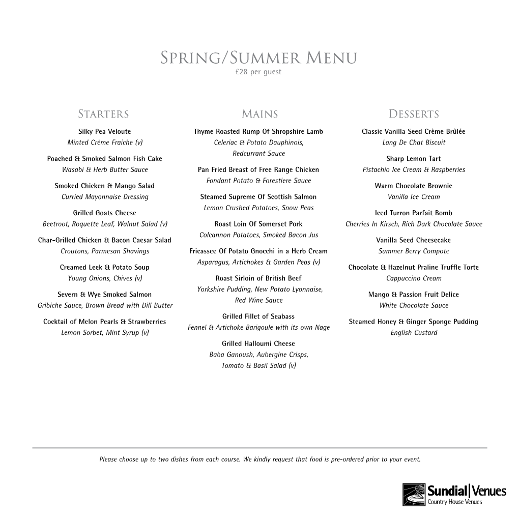 Spring/Summer Menu £28 Per Guest