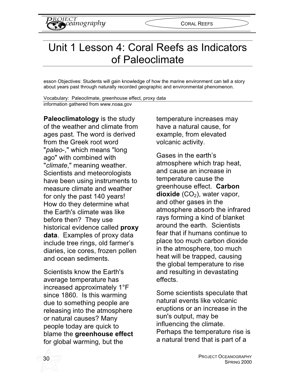 Unit 1 Lesson 4: Coral Reefs As Indicators of Paleoclimate