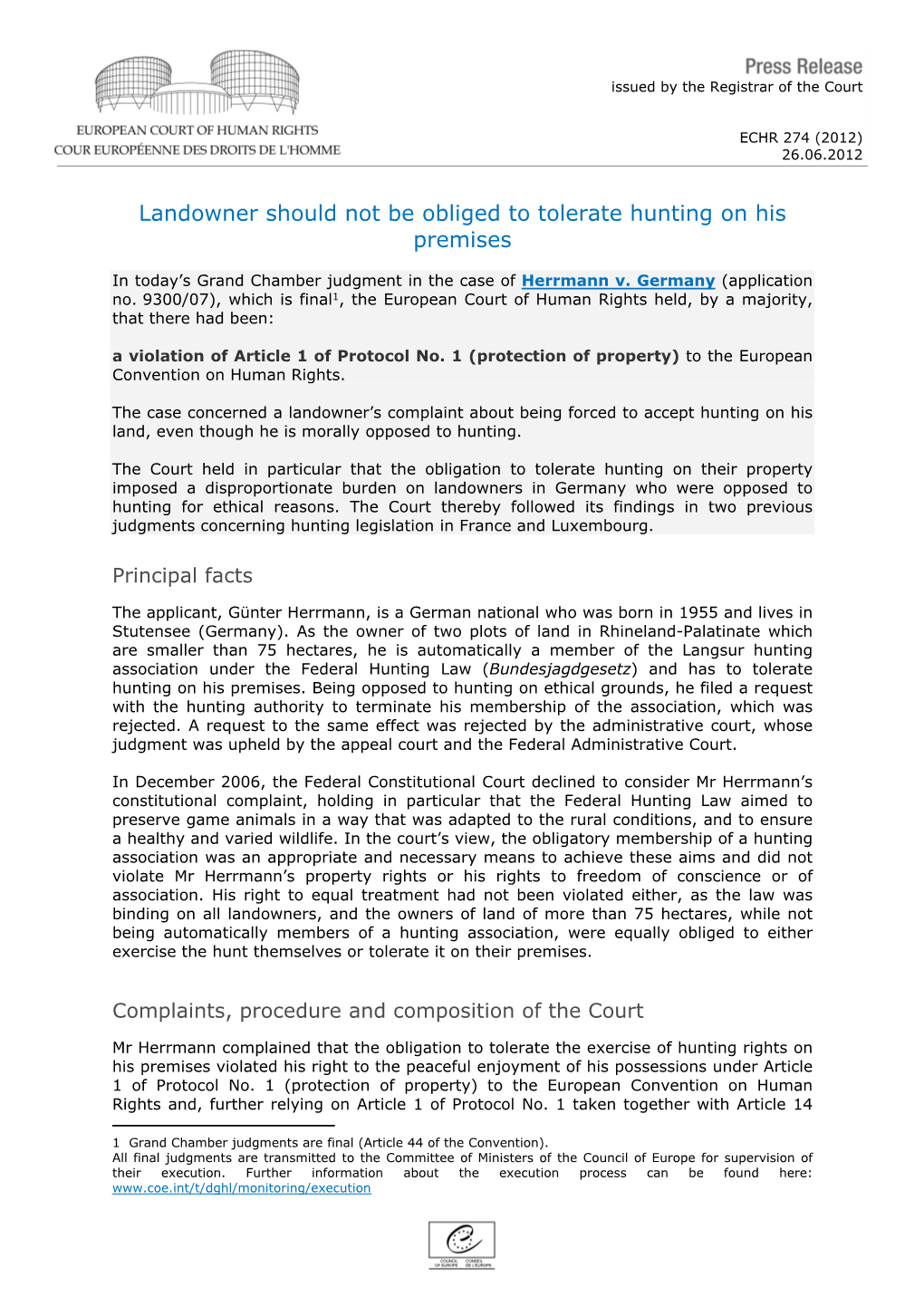 Chamber Judgment in the Case of Herrmann V