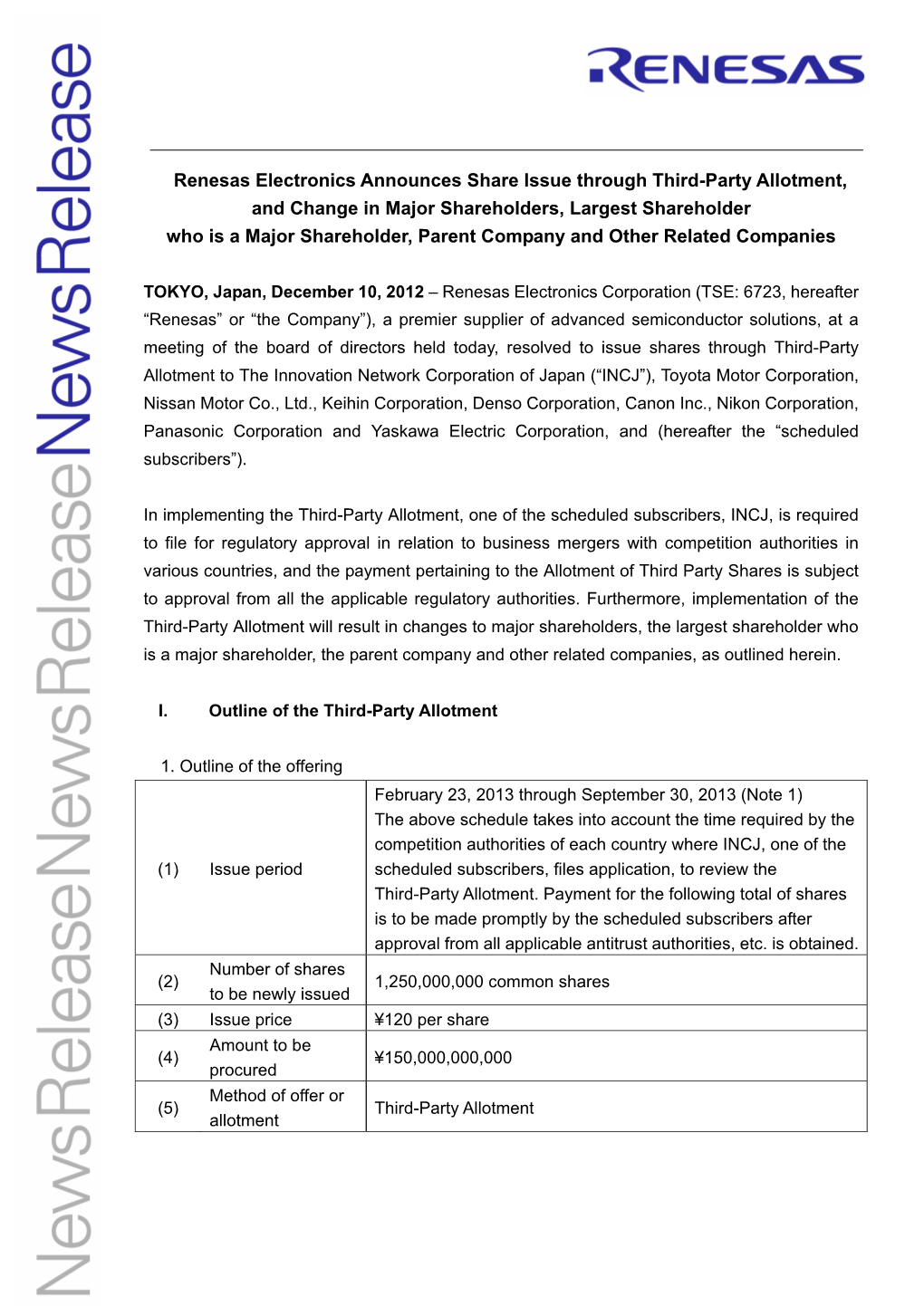 Renesas Electronics Announces Share Issue Through Third-Party Allotment, and Change in Major Shareholders, Largest Shareholder W