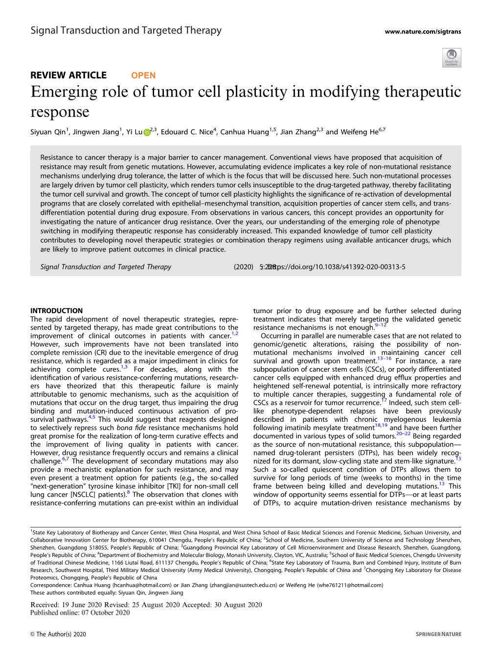 Emerging Role of Tumor Cell Plasticity in Modifying Therapeutic Response