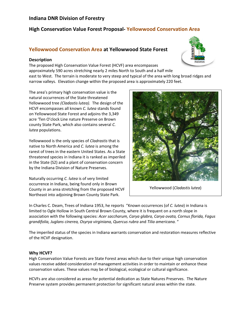 Indiana DNR Division of Forestry High Conservation Value Forest Proposal- Yellowwood Conservation Area