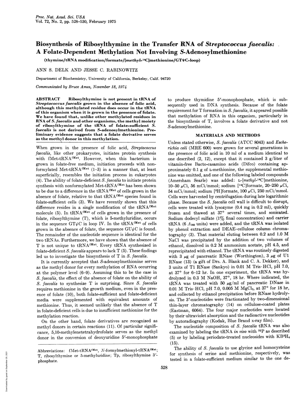 Biosynthesis of Ribosylthymine in the Transfer RNA of Streptococcus