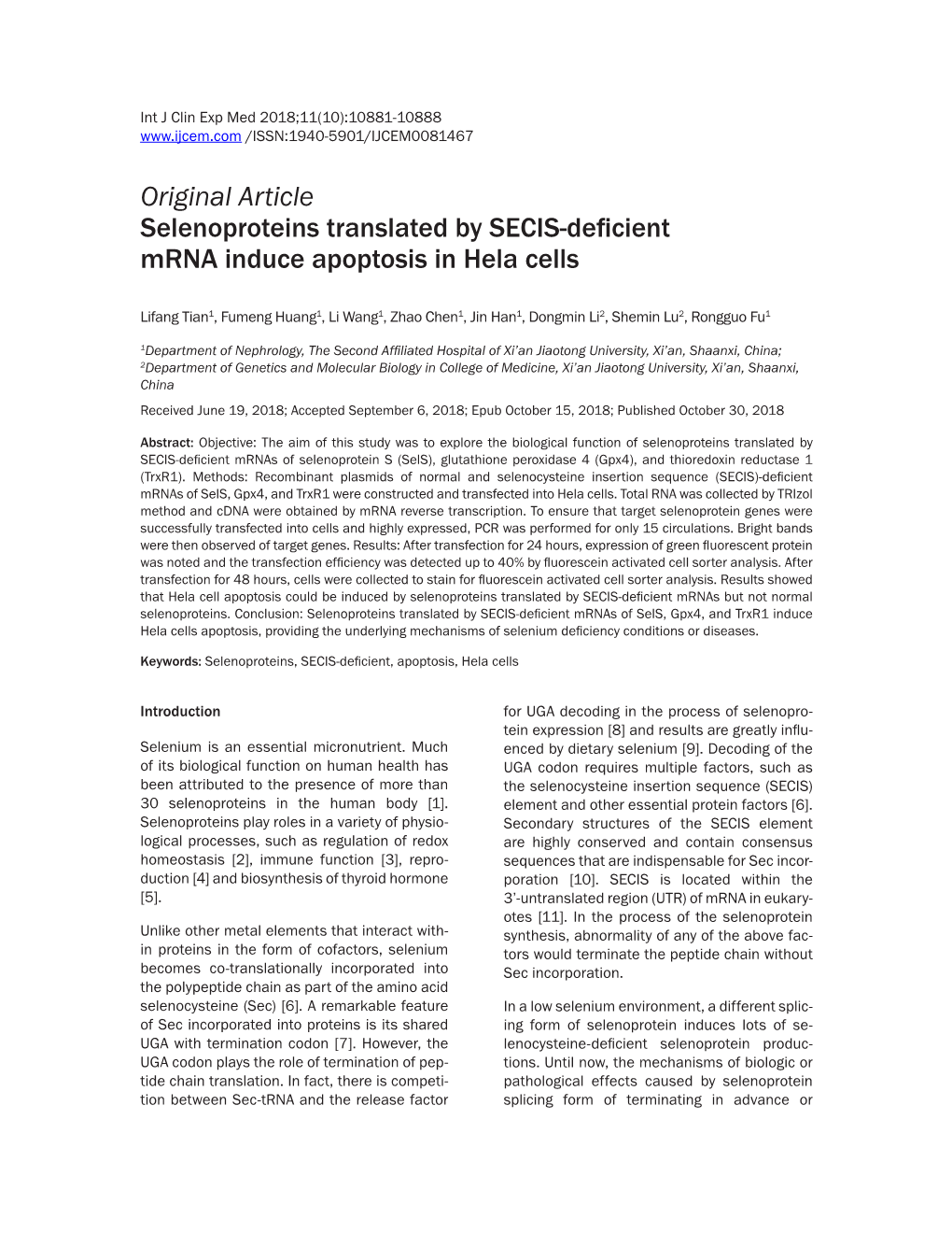 Original Article Selenoproteins Translated by SECIS-Deficient Mrna Induce Apoptosis in Hela Cells